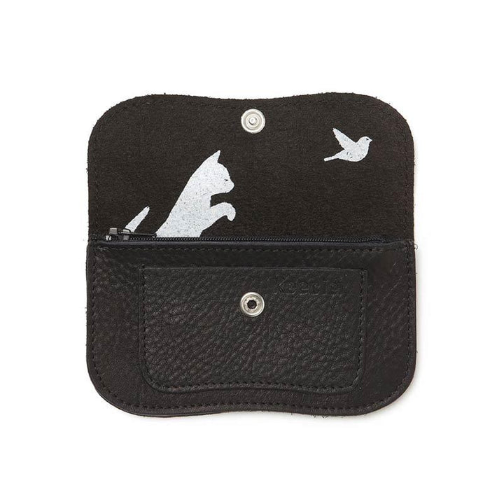 Keecie Geldbeutel aus Leder Cat Chase Wallet small - schwarz - Ledergeldbörse mit Siebdruck Katzen bei Nauli and Stories