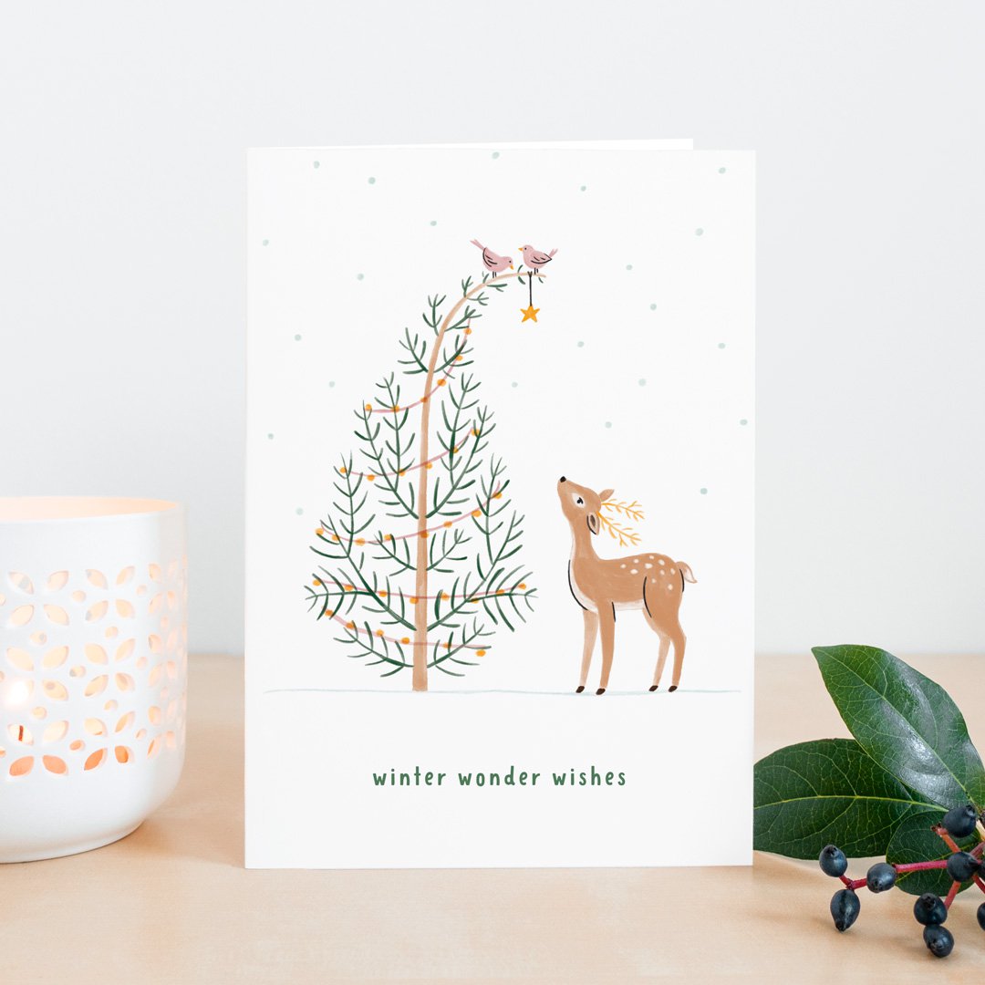 Studio Kuukeluus Weihnachten Weihnachtskarte Hirsch und Vögelchen bei Nauli and Stories