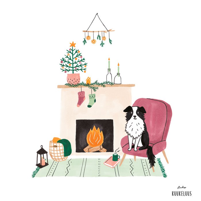 Studio Kuukeluus Weihnachten Weihnachtskarte Hund am Kamin bei Nauli and Stories