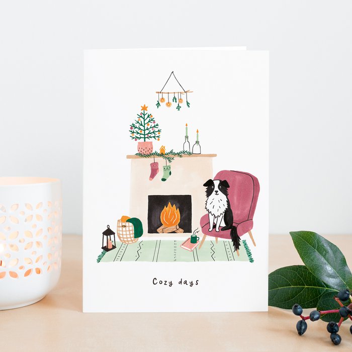 Studio Kuukeluus Weihnachten Weihnachtskarte Hund am Kamin bei Nauli and Stories