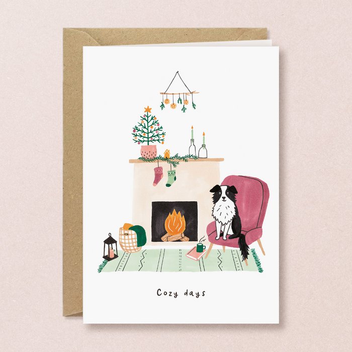 Studio Kuukeluus Weihnachten Weihnachtskarte Hund am Kamin bei Nauli and Stories