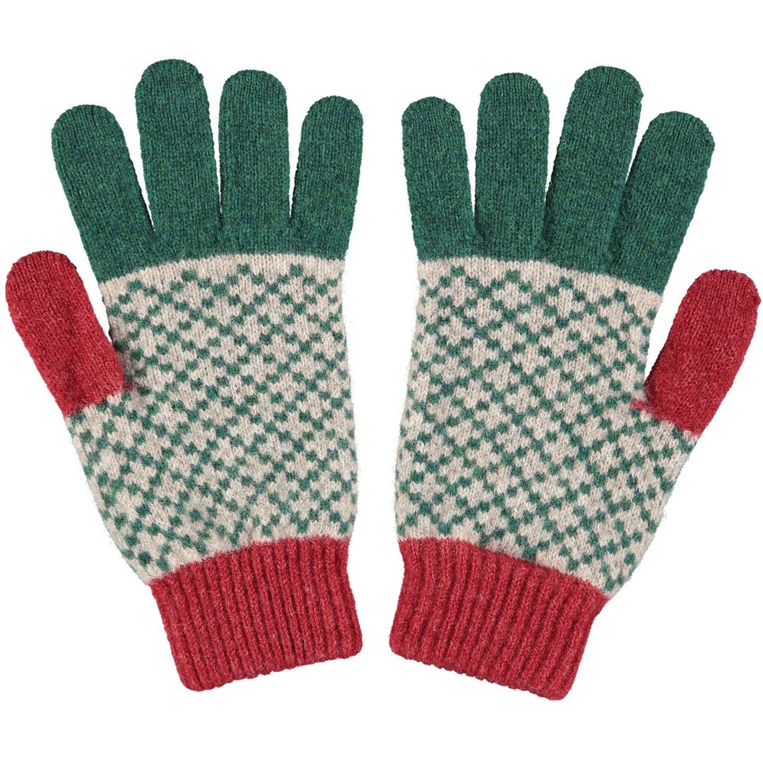 Catherine Tough Handschuhe Fingerhandschuhe aus Lammwolle Raute grün rot Unisex bei Nauli and Stories