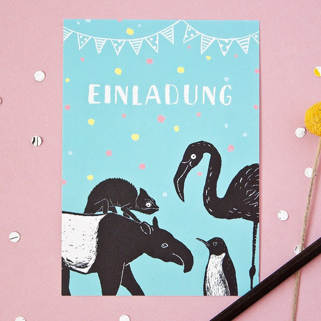 Katja Rub Einladung Einladungskarte mit Flamingo und Freunden bei Nauli and Stories