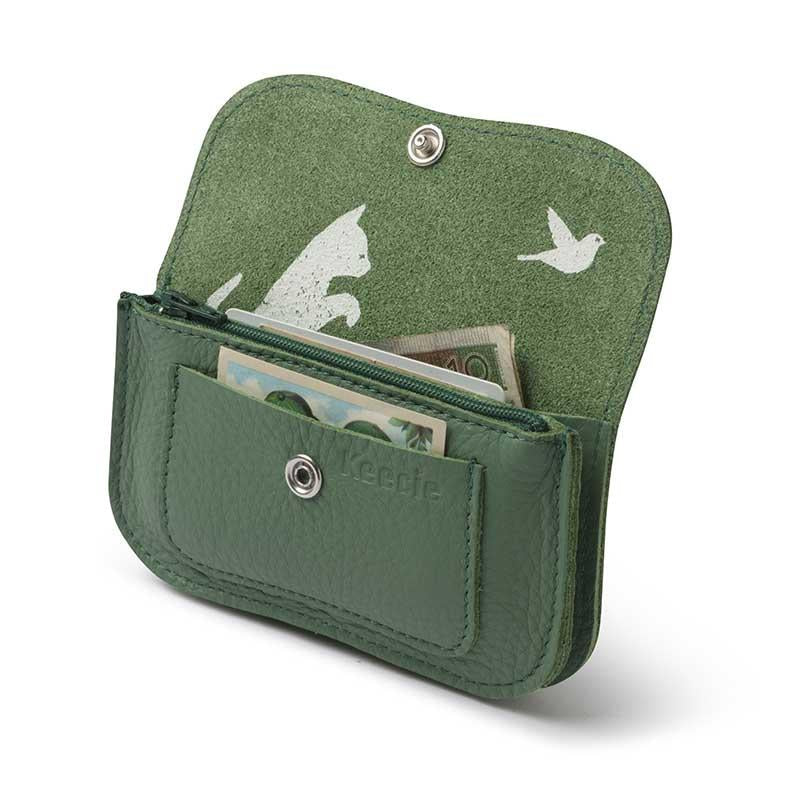 Keecie Geldbeutel Cat Chase Wallet small - grün - Ledergeldbörse mit Siebdruck Katzen