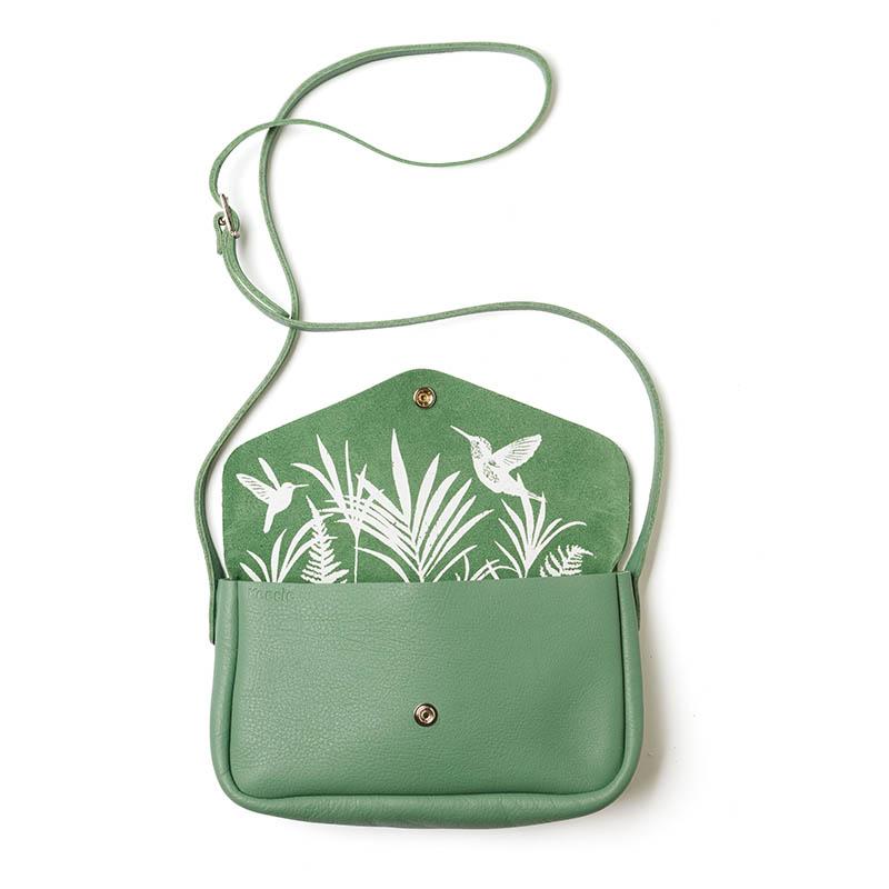 Keecie Handtasche Kleine Ledertasche forest grün mit Siebdruck auf der Innenseite -  Humming Along Bag bei Nauli and Stories