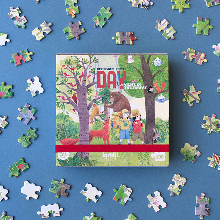 Londji Puzzle Pocket Puzzle Day and Night in the Forest - beidseitiges Puzzle mit 100 Teilen bei Nauli and Stories