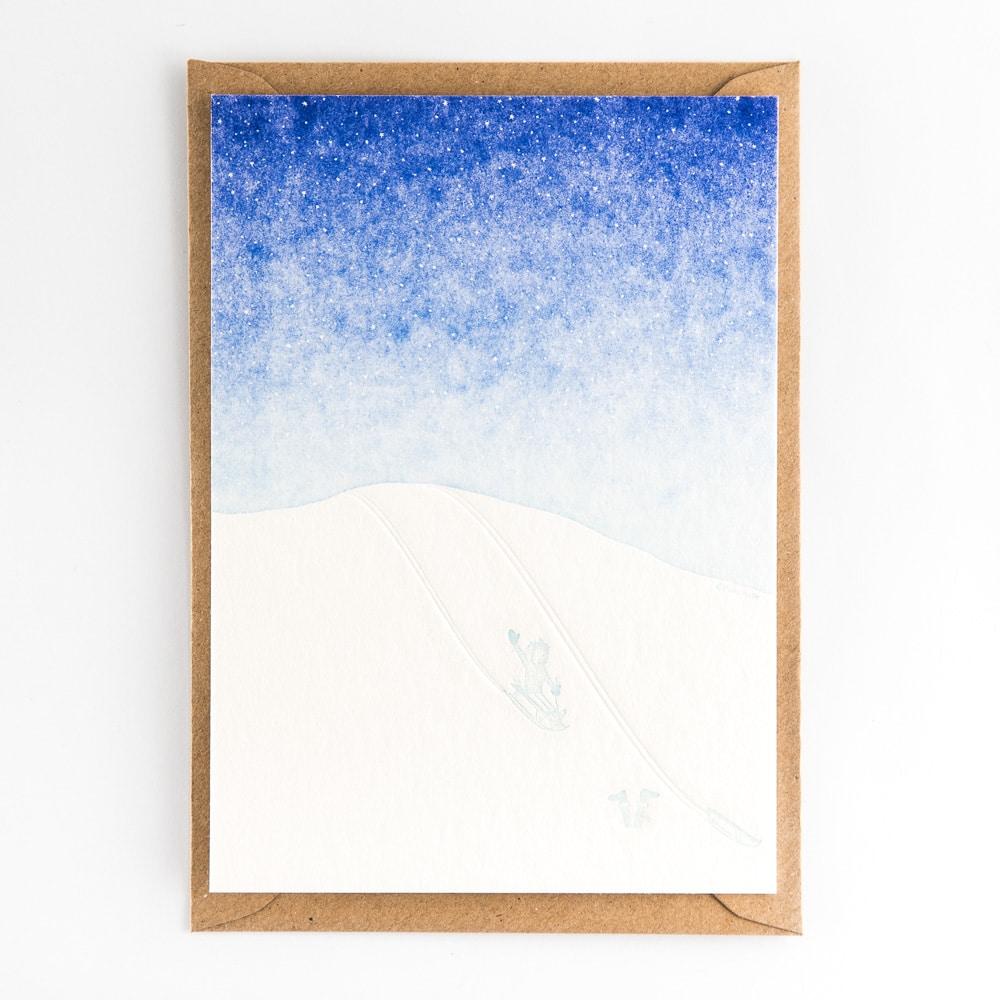 Studio Flash Letterpress Grußkarte Abfahrt! Schlittenfahren im Winter - Grußkarte