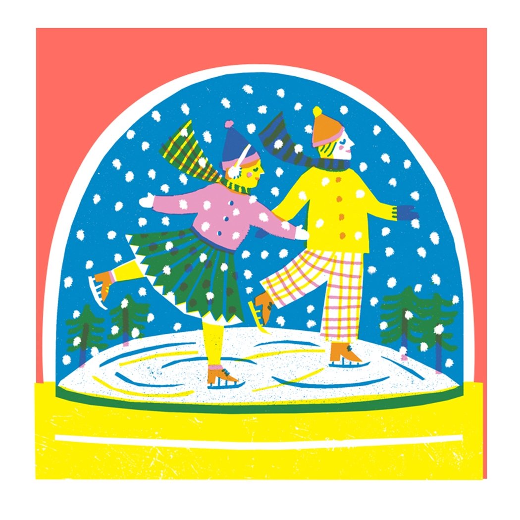 The Printed Peanut Weihnachten Weihnachtskarte Schneekugel mit Eislaufendem Paar bei Nauli and Stories