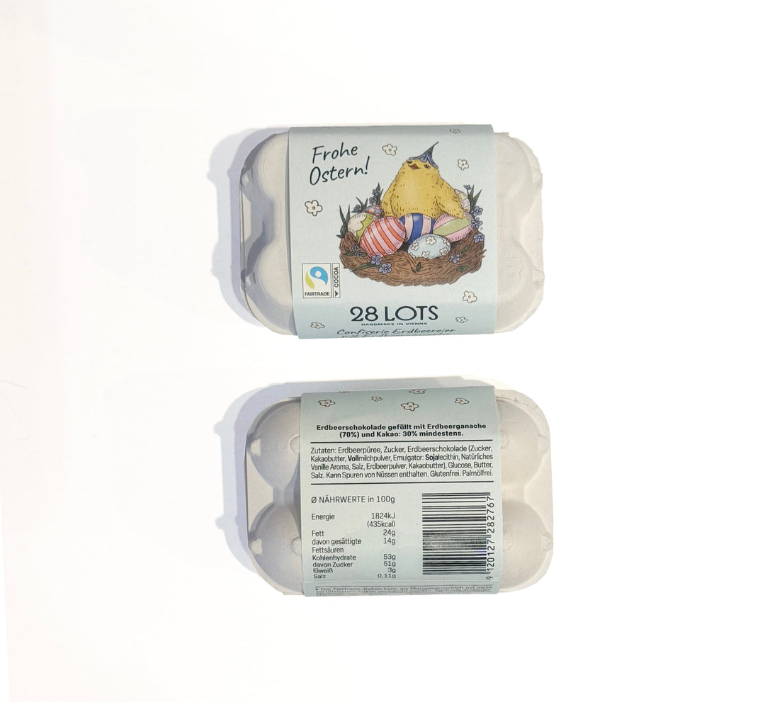 28lot Schokolade Nougateier, 6er Schachtel, Erdbeer mit Erdbeerganache bei Nauli and Stories