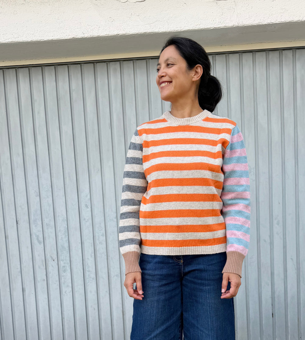 Eribé Pullover Gestreifter Wollpullover | hellblau, grau, orange | Stobo Stripe Sweater (reversible) Dapper bei Nauli and Stories