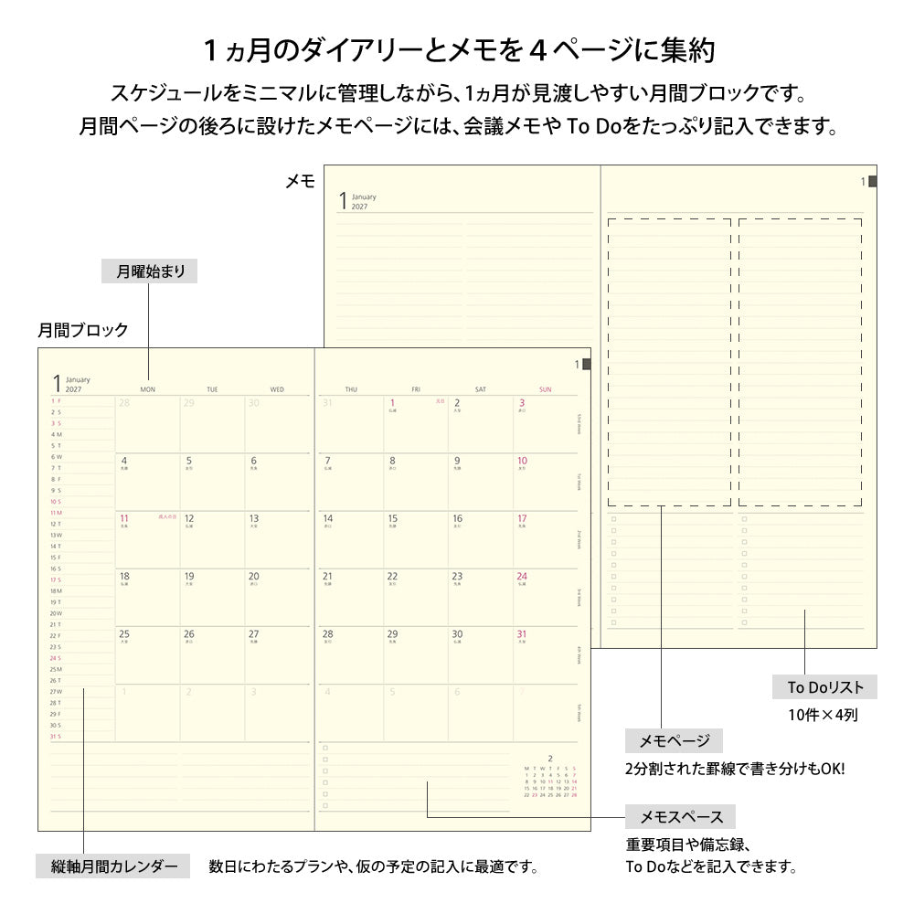 Midori Monatsplaner Professional Diary PRD Slim Monthly Block Flower 2027 bei Nauli and Stories