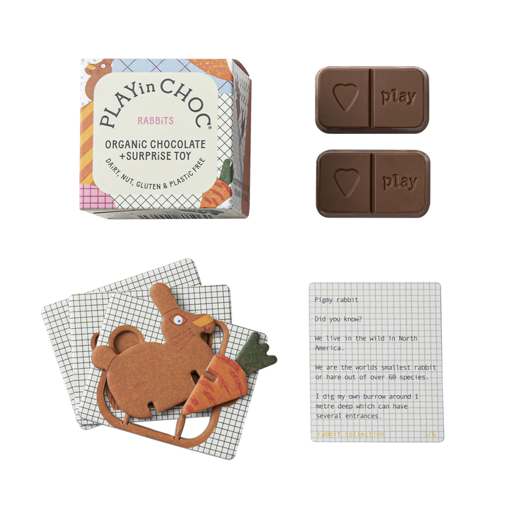 PLAYin Choc Schokolade Toy Choc Box - 6 Hasen - Überraschungswürfel mit veganer Schokolade