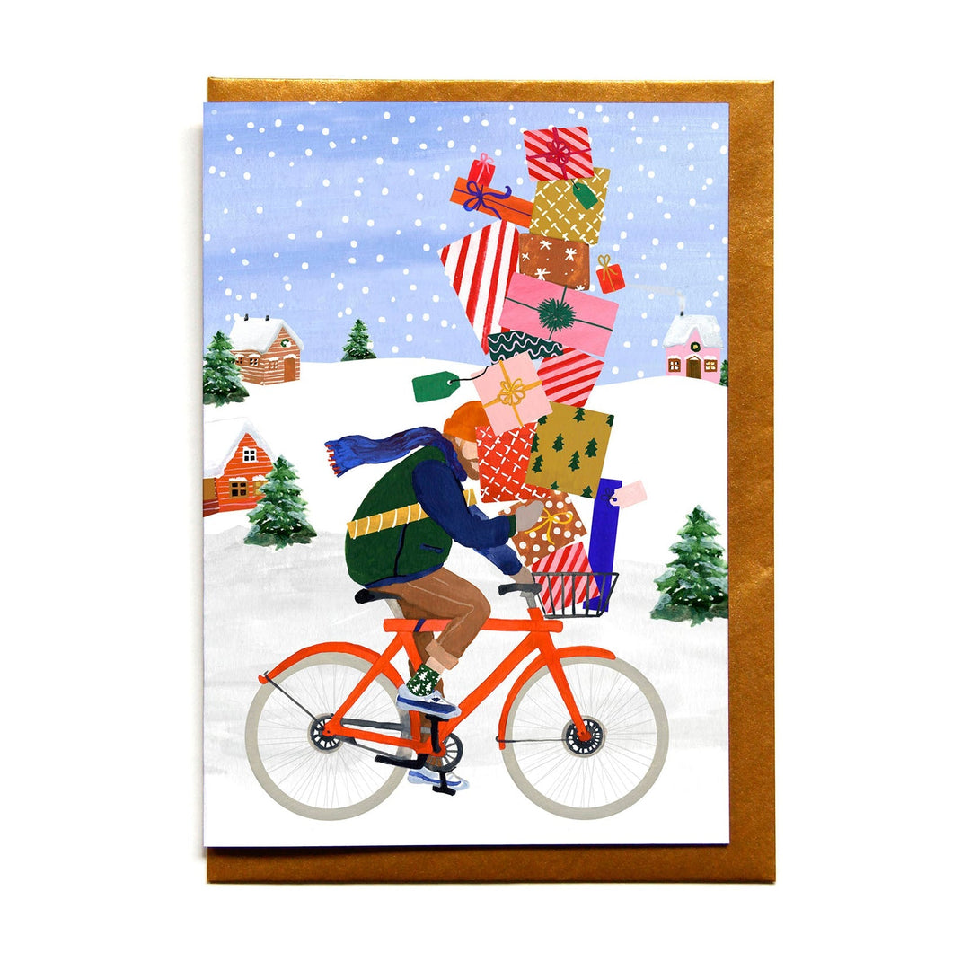 REDDISH DESIGN Weihnachten Weihnachtskarte Geschenkeberg auf rotem Fahrrad
