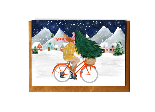 REDDISH DESIGN Weihnachten Weihnachtskarte Weihnachtsbaum auf dem Fahrrad