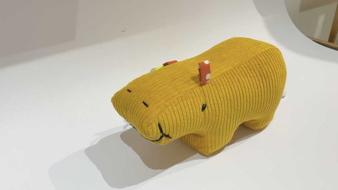 And PAULA hippopotamus plush toy with music box yellow wide corduroy