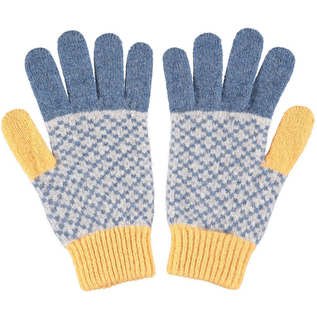 Catherine Tough Handschuhe Fingerhandschuhe aus Lammwolle Raute blau gelb unisex