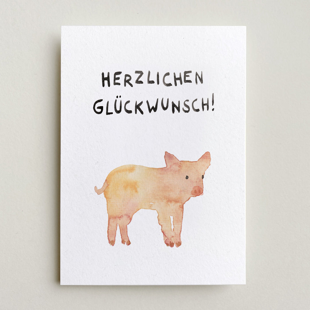 Farina Kuklinski Grußkarte Herzlichen Glückwunsch mit Schwein | Grußkarte