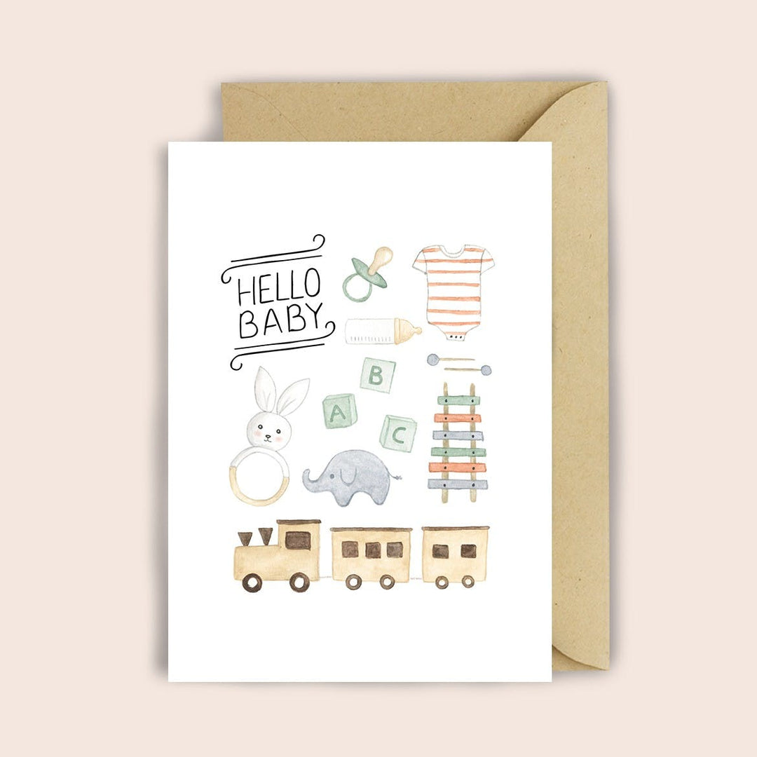 Luvter Paper Grußkarte zur Geburt Glückwunschkarte zur Geburt Hello Baby mit Glockenspiel und Holzzug