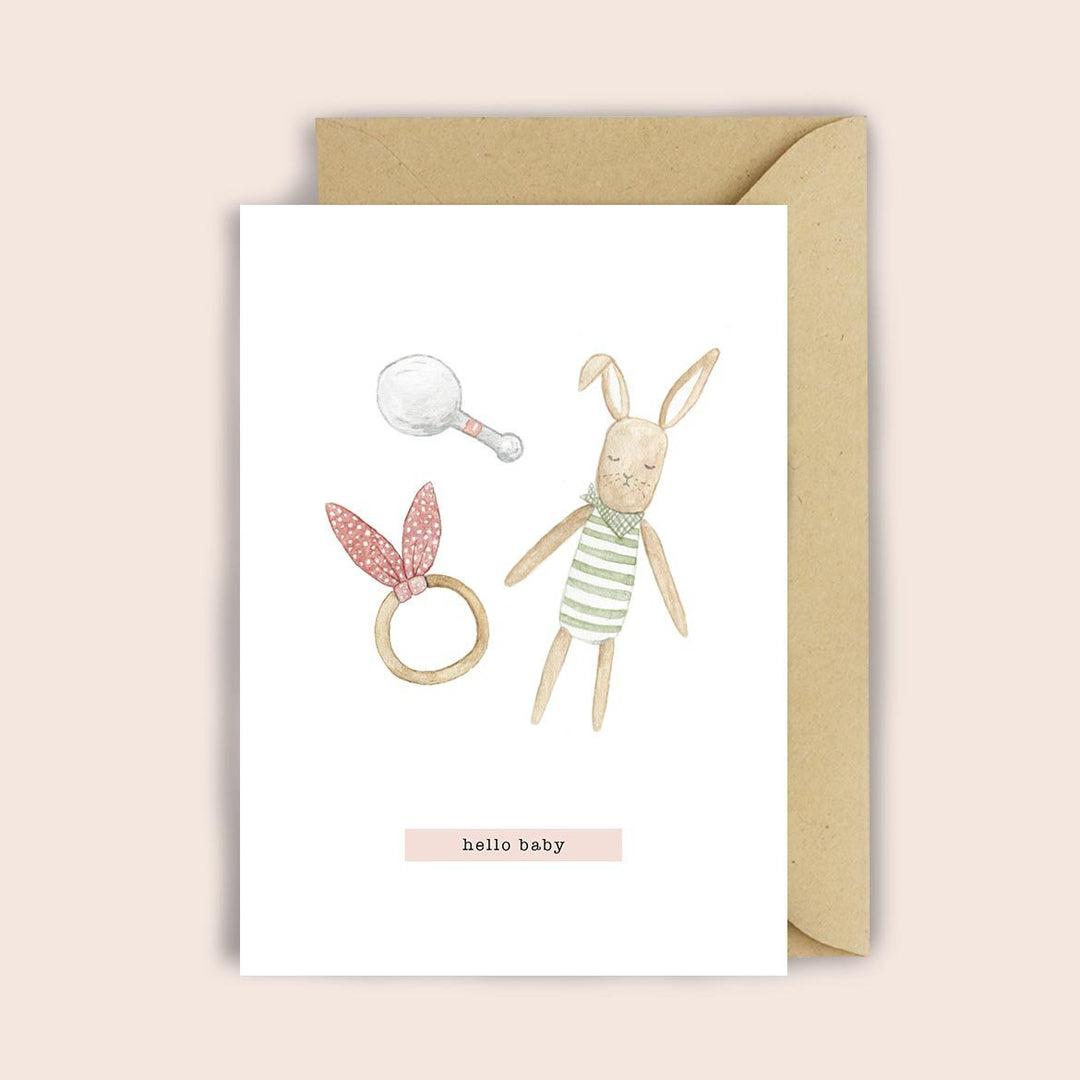 Luvter Paper Grußkarten Grußkarte zur Geburt Hase, Rassel und Greifring in rosa