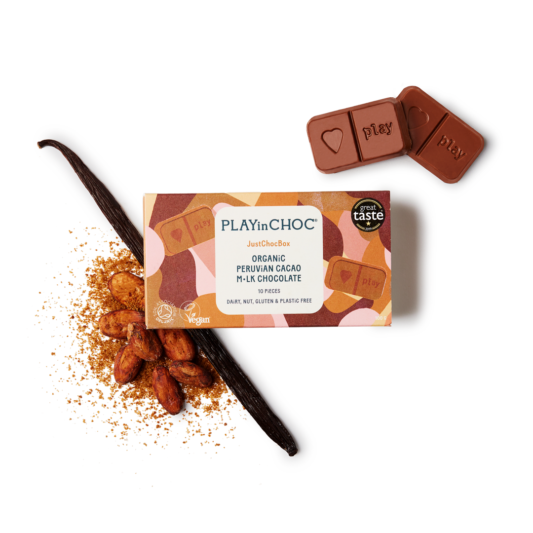 PLAYin CHOC Schokolade JustChoc Box 10 - Organic Peruvian Cacao M•lk Chocolate 100g