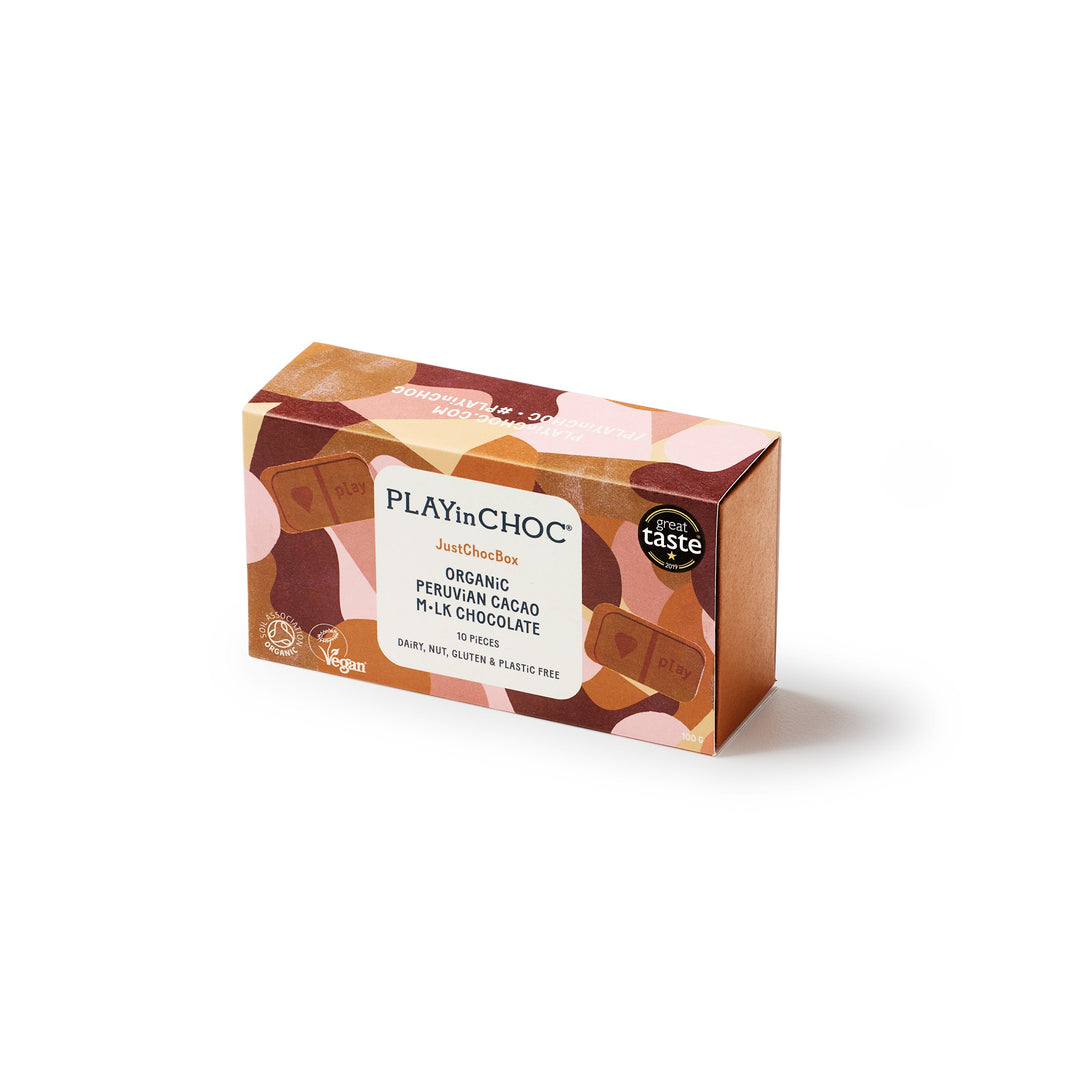PLAYin CHOC Schokolade JustChoc Box 10 - Organic Peruvian Cacao M•lk Chocolate 100g