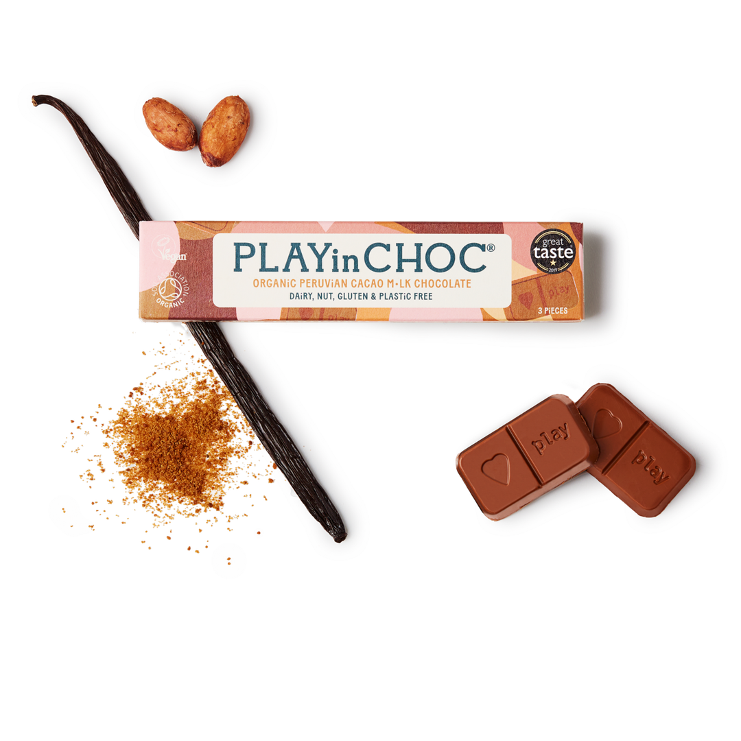 PLAYin CHOC Schokolade JustChoc Box 3 - Organic Peruvian Cacao M•lk Chocolate 30g