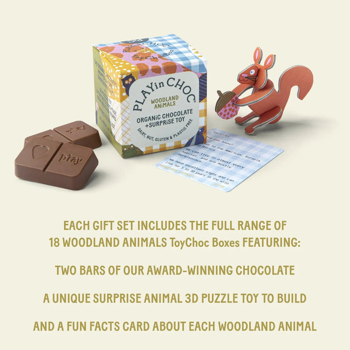 PLAYin CHOC Schokolade Vegane Schokolade DiNOSAURIER Geschenk Set mit 18 Überraschungswürfeln