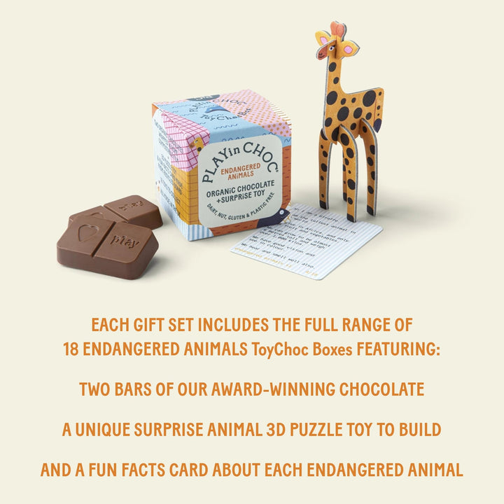 PLAYin CHOC Schokolade Vegane Schokolade Geschenk Set BEDROHTE TIERARTEN mit 18 Überraschungswürfeln - ToyChoc Box® ENDANGERED ANIMALS GiFT SET