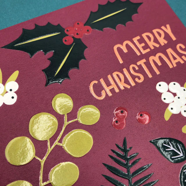 Raspberry Blossom Weihnachtskarte Weihnachtskarte - Merry Christmas - Blatt- und Fruchtflachlage
