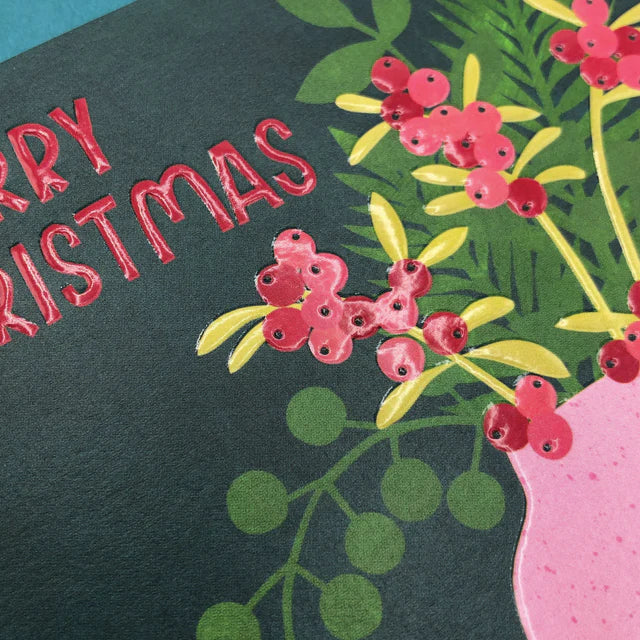 Raspberry Blossom Weihnachtskarte Weihnachtskarte - Merry Christmas - Festliches Laub in Vase