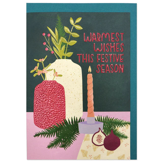 Raspberry Blossom Weihnachtskarte Weihnachtskarte - Warmest wishes this festive season - Pflanzen in zwei Vasen