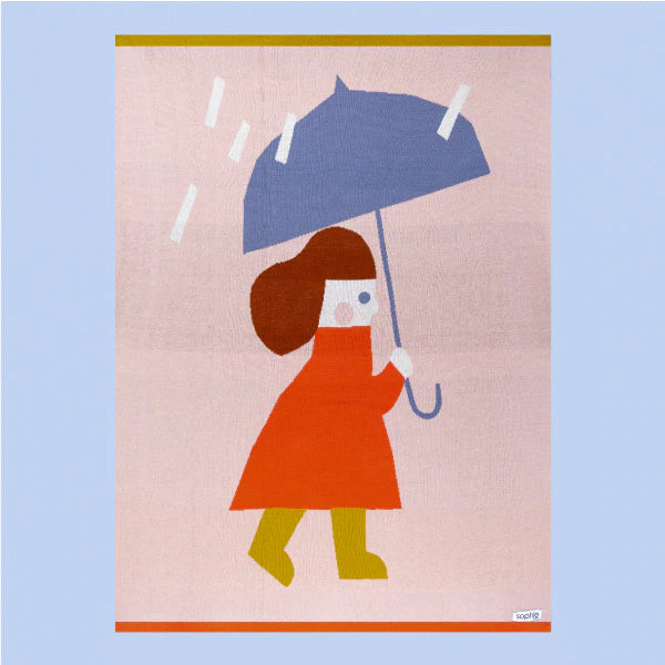 Sophie Home Babydecke gestrickte Babydecke aus 100% Baumwolle mit Mädchen mit Regenschirm