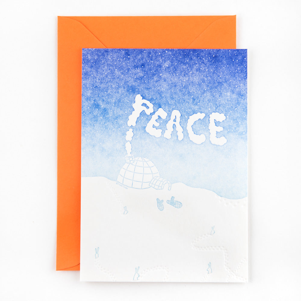 Studio Flash Letterpress Weihnachtskarte Ein Iglo mit Friedenszeichen aus dem Kamin - Winter - Grußkarte